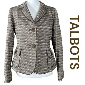 TALBOTS Tweed Blazer in Brown & Crème, Two Button Front, Pockets, Lined, Size 8.